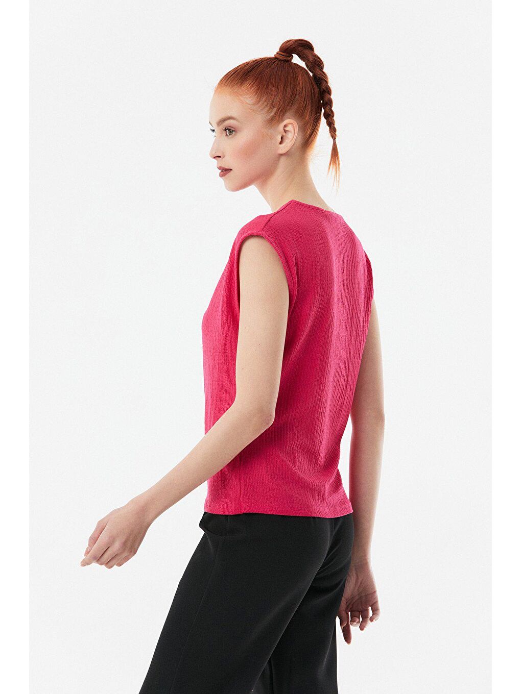 Fuşya Bürümcük Kumaş Yandan Bağlamalı Bluz-2