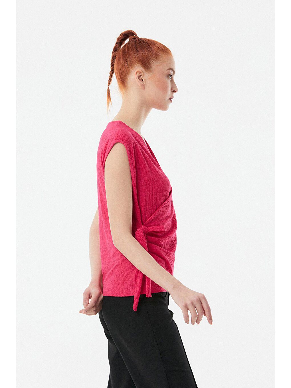 Fuşya Bürümcük Kumaş Yandan Bağlamalı Bluz-3