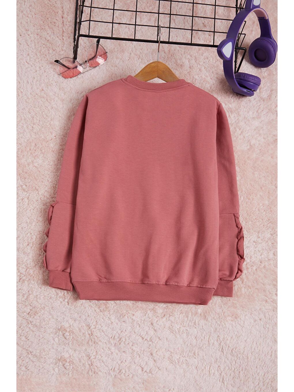 Pembe Gül Kurusu Çiçek Nakışlı Uzun Kol Kız Çocuk Sweatshirt 16301-3
