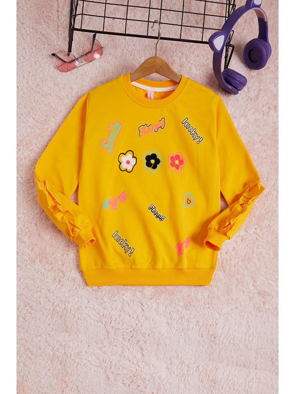 Pembe Life Kids Club Sarı Çiçek Nakışlı Uzun Kol Kız Çocuk Sweatshirt 16303