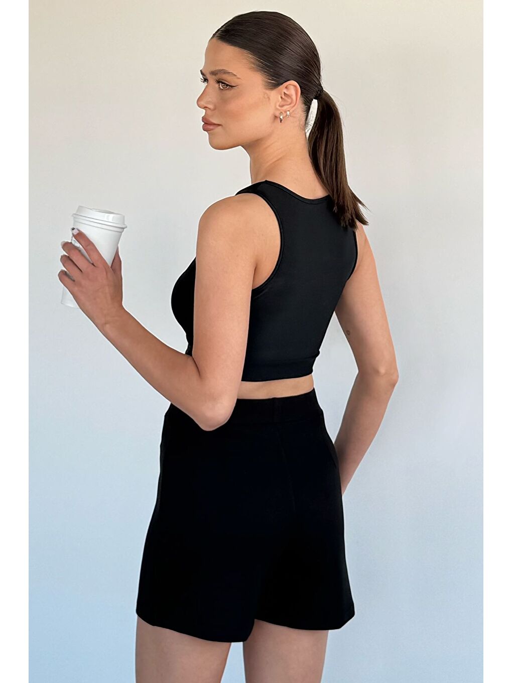 Siyah Kadın Bel Lastikli Modal Kumaş Şort Etek-3