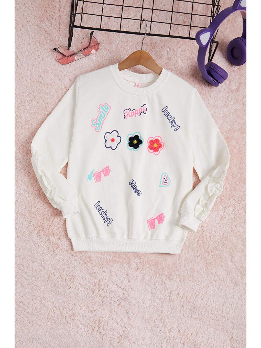 Ekru Çiçek Nakışlı Uzun Kol Kız Çocuk Sweatshirt 16304