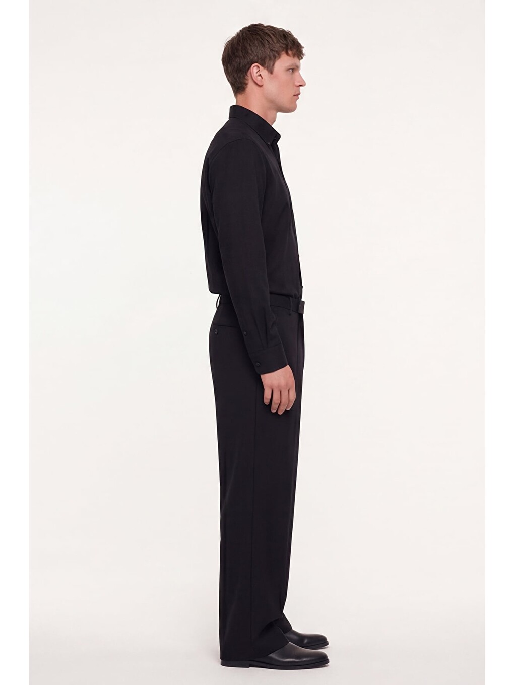 Erkek Siyah Dar Kesim Slim Fit Pamuklu Düz Örme Uzun Kollu Düğmeli Yaka Gömlek-2