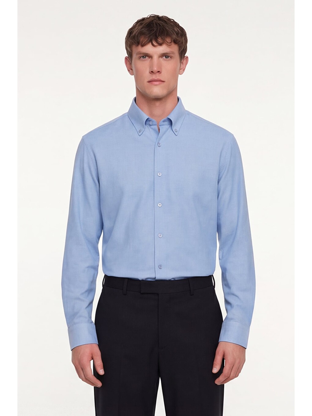 Erkek Mavi Dar Kesim Slim Fit Pamuklu Düz Örme Uzun Kollu Düğmeli Yaka Gömlek