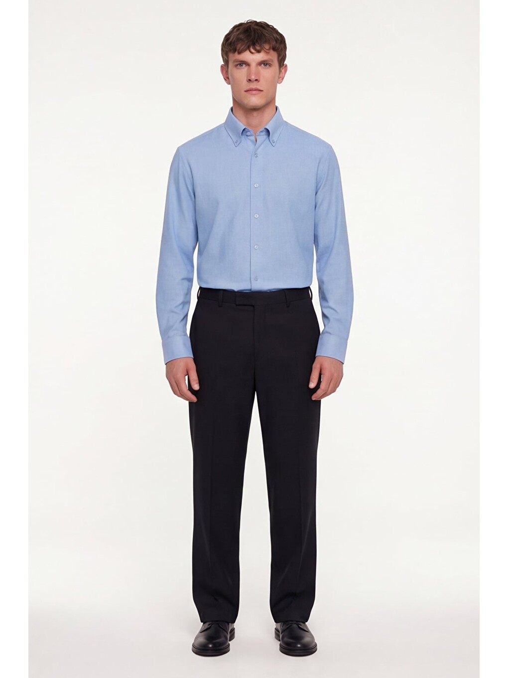 Erkek Mavi Dar Kesim Slim Fit Pamuklu Düz Örme Uzun Kollu Düğmeli Yaka Gömlek-1
