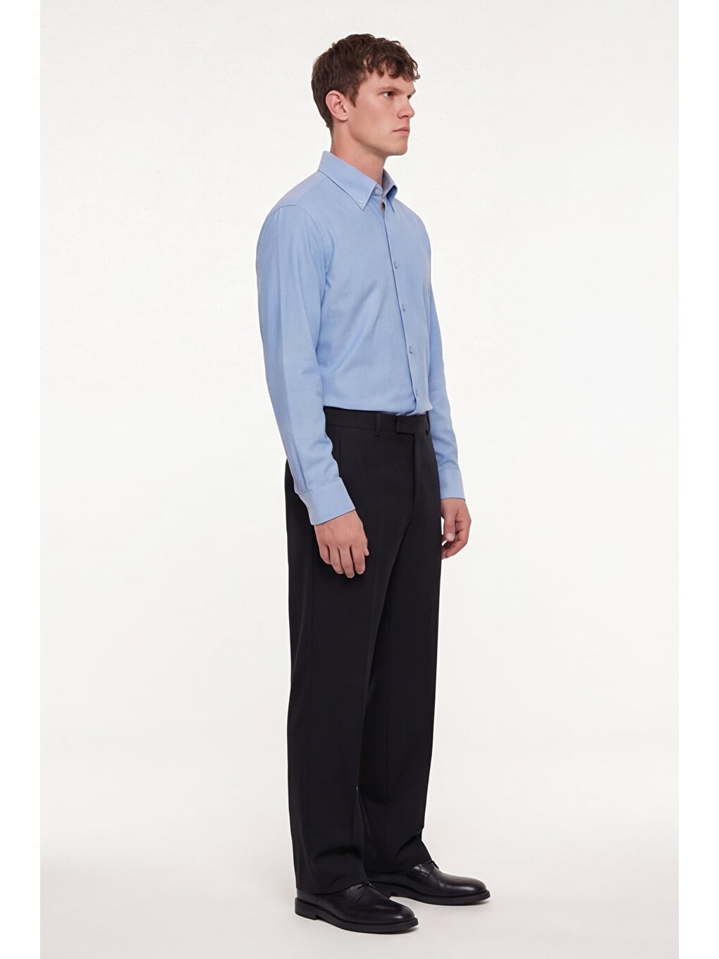 Erkek Mavi Dar Kesim Slim Fit Pamuklu Düz Örme Uzun Kollu Düğmeli Yaka Gömlek-2