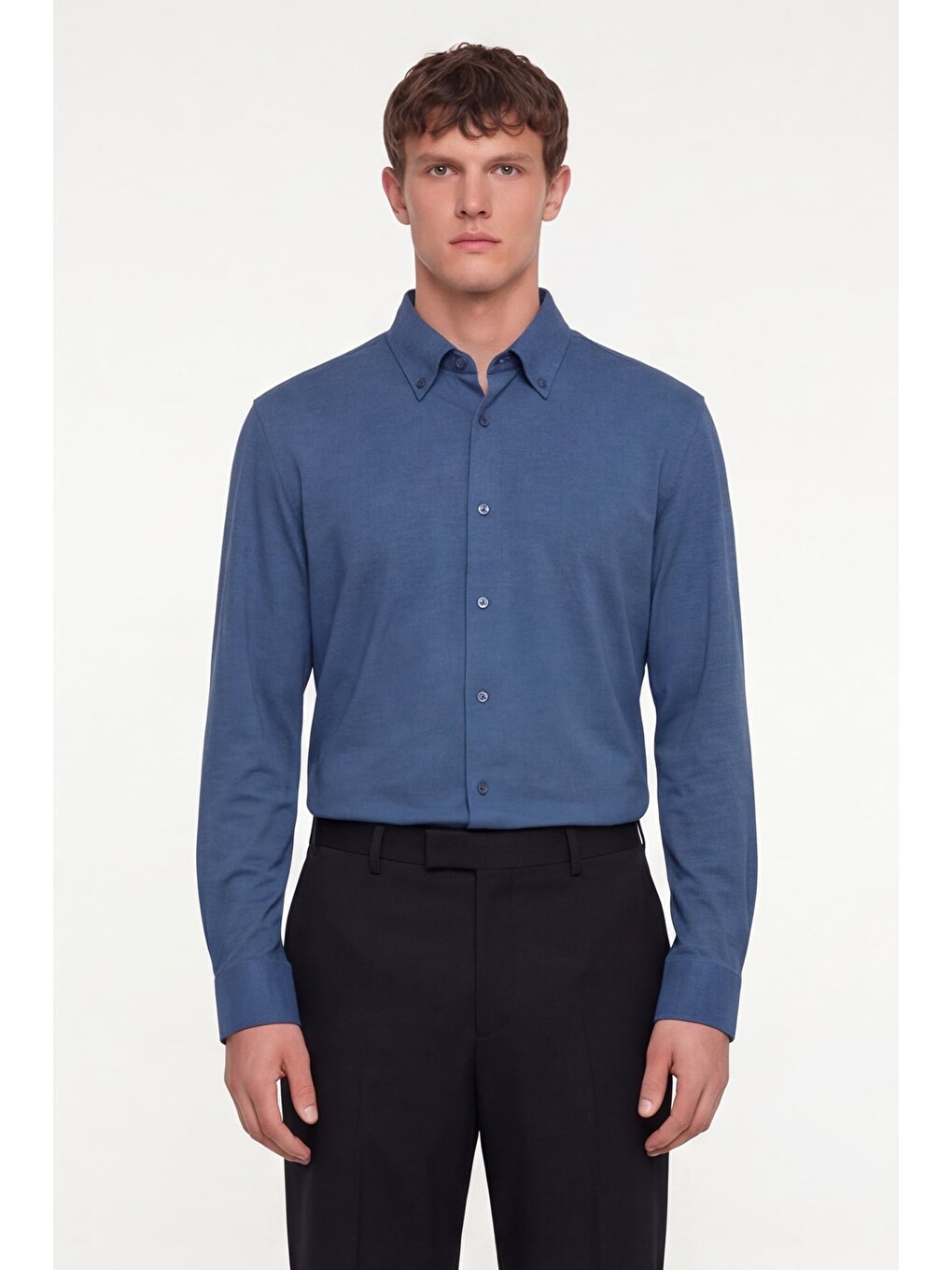 Erkek Lacivert Dar Kesim Slim Fit Pamuklu Düz Örme Uzun Kollu Düğmeli Yaka Gömlek