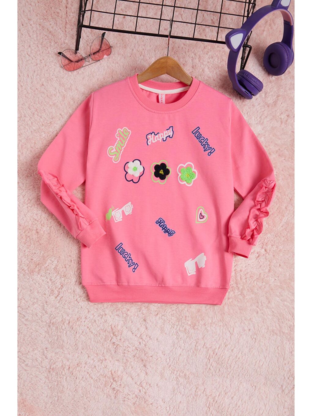 Pembe Life Kids Club Pembe Çiçek Nakışlı Uzun Kol Kız Çocuk Sweatshirt 16305