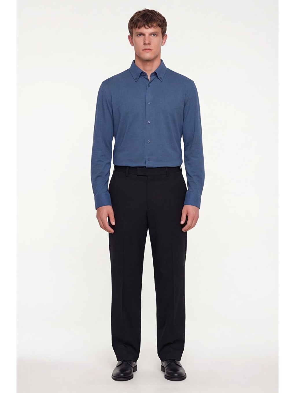 Erkek Lacivert Dar Kesim Slim Fit Pamuklu Düz Örme Uzun Kollu Düğmeli Yaka Gömlek-1