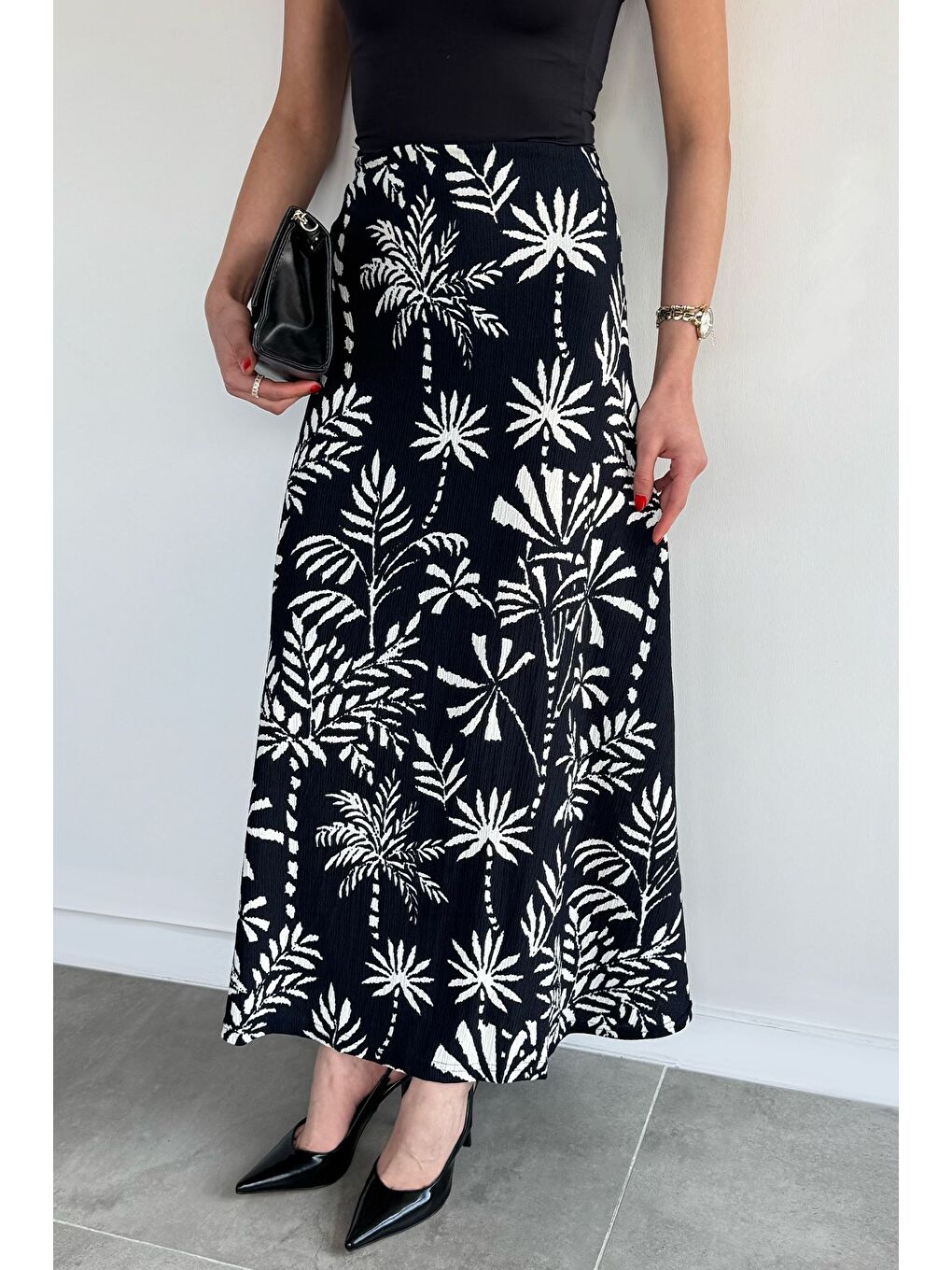 Lacivert Kadın Bel Lastikli Desenli Elastanlı Kiloş Etek-1