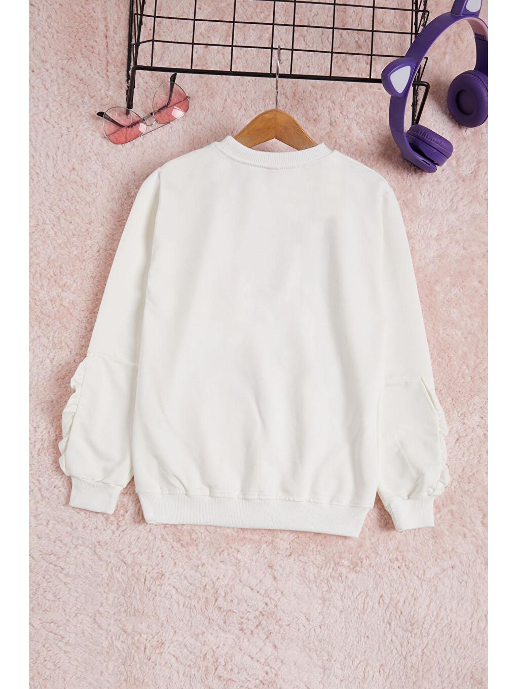 Ekru Çiçek Nakışlı Uzun Kol Kız Çocuk Sweatshirt 16304-3