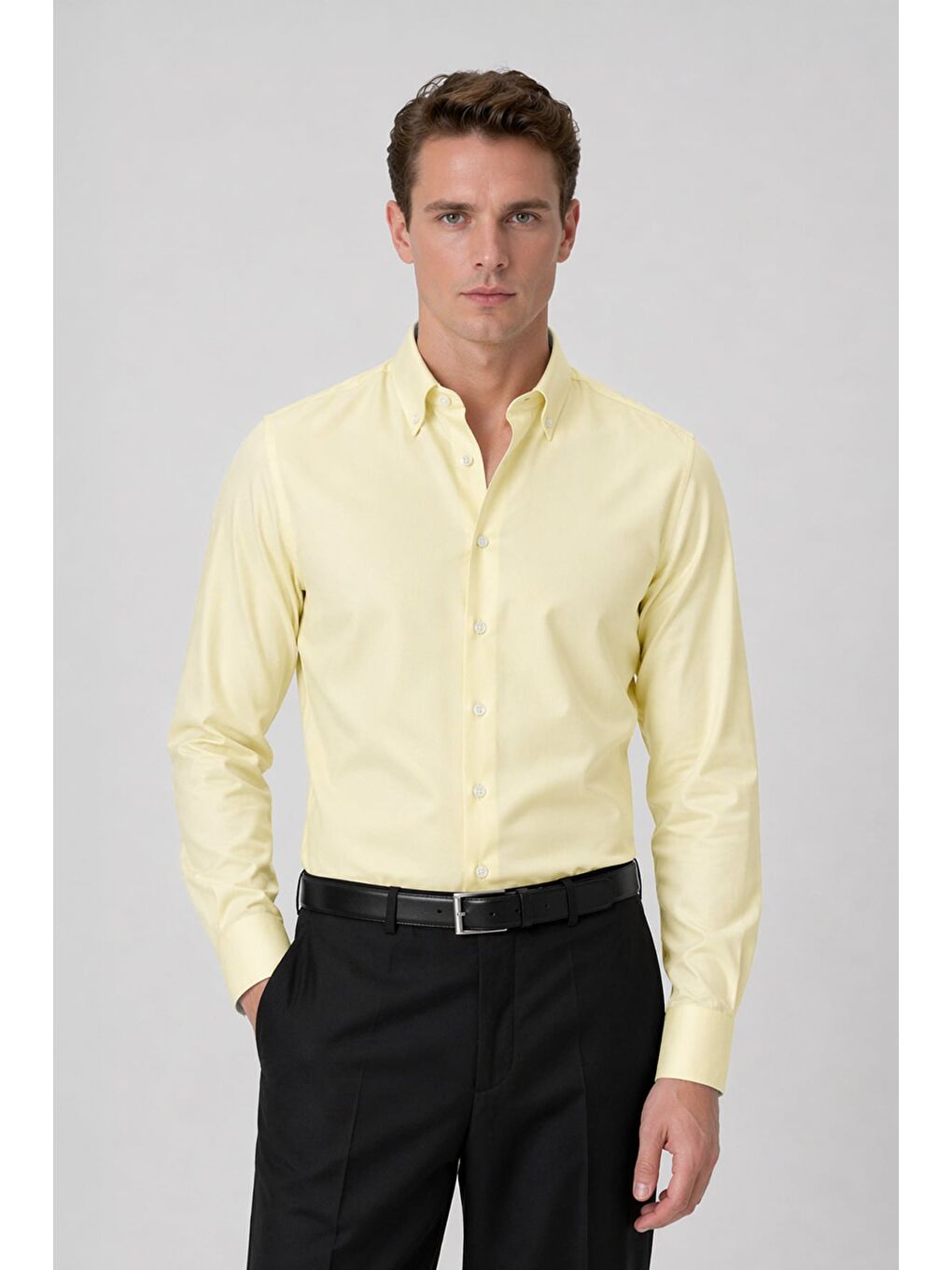 Giotelli Sarı Slim Fit %100 Pamuk Düğmeli Yaka Erkek Gömlek-1