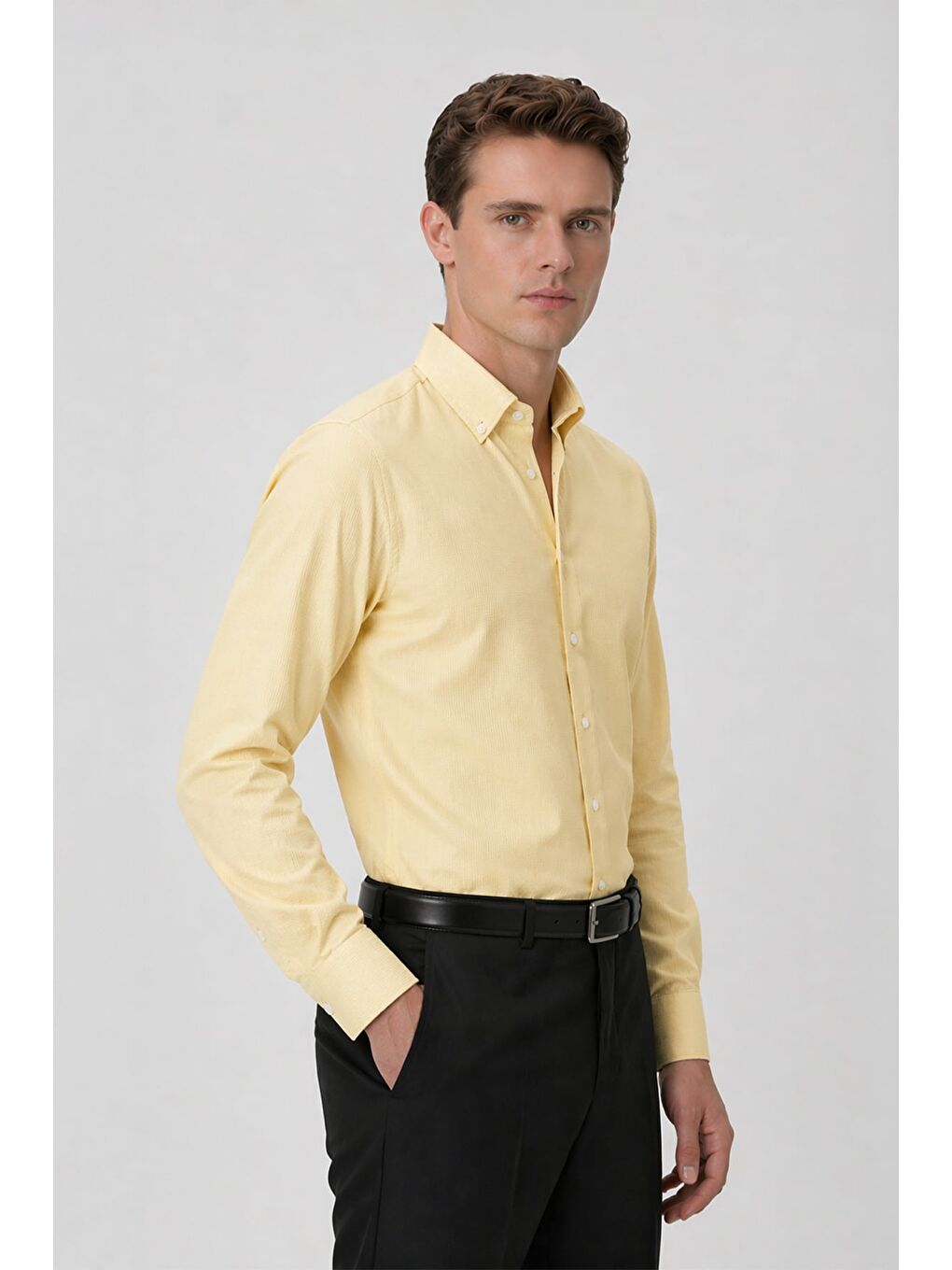 Giotelli Sarı Slim Fit %100 Pamuk Düğmeli Yaka Erkek Gömlek-4