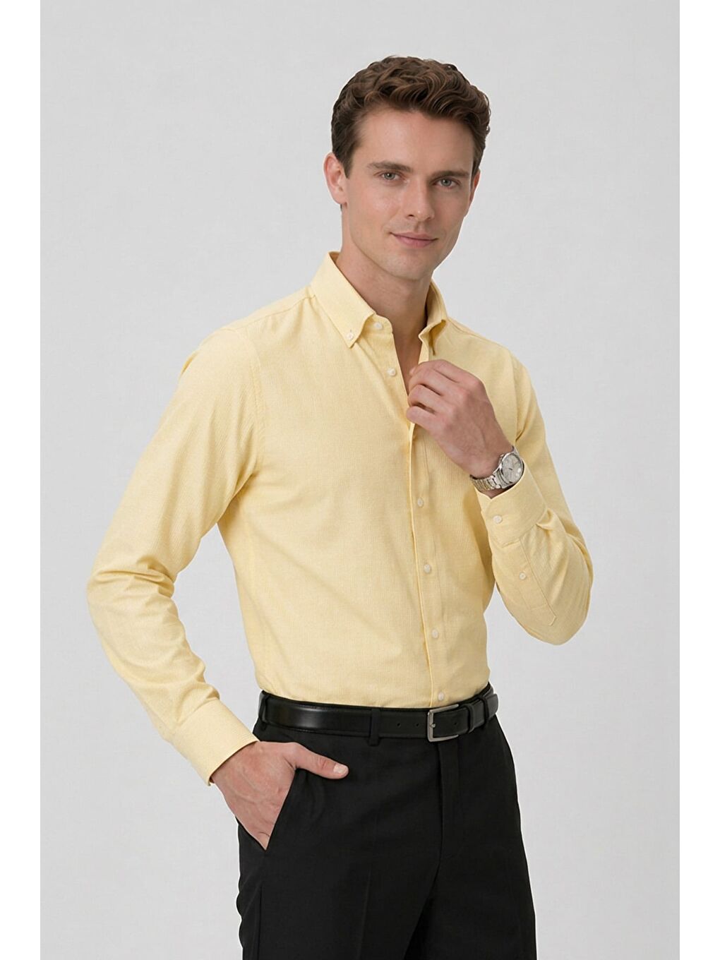 Giotelli Sarı Slim Fit %100 Pamuk Düğmeli Yaka Erkek Gömlek-5