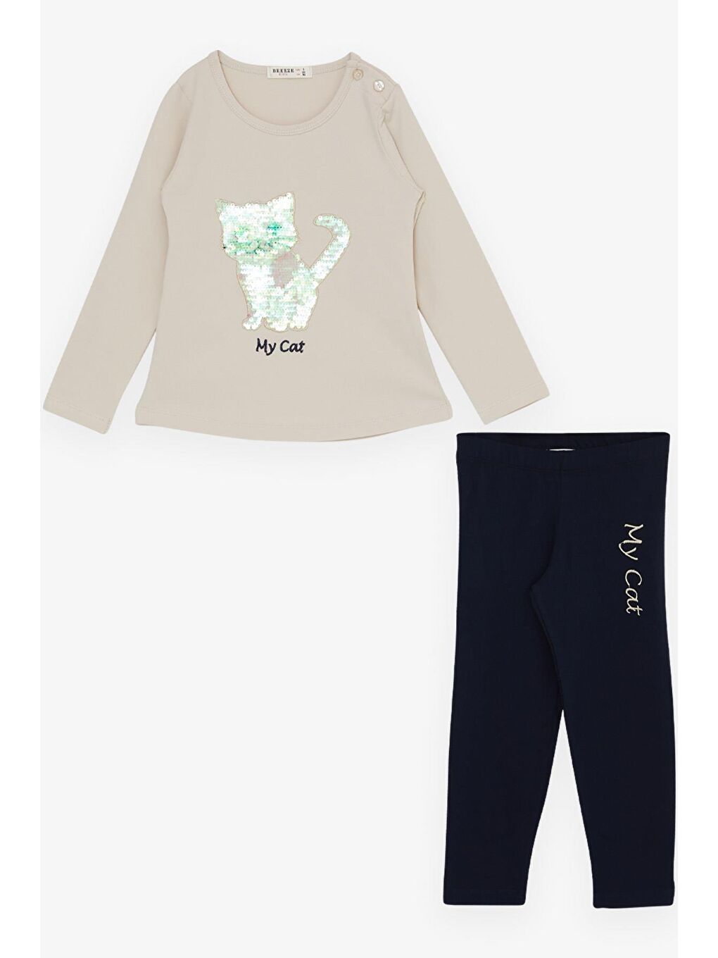 Kız Çocuk Taytlı Takım Pullu Kedicik Baskılı Nakışlı Bej (1.5-5 Yaş)