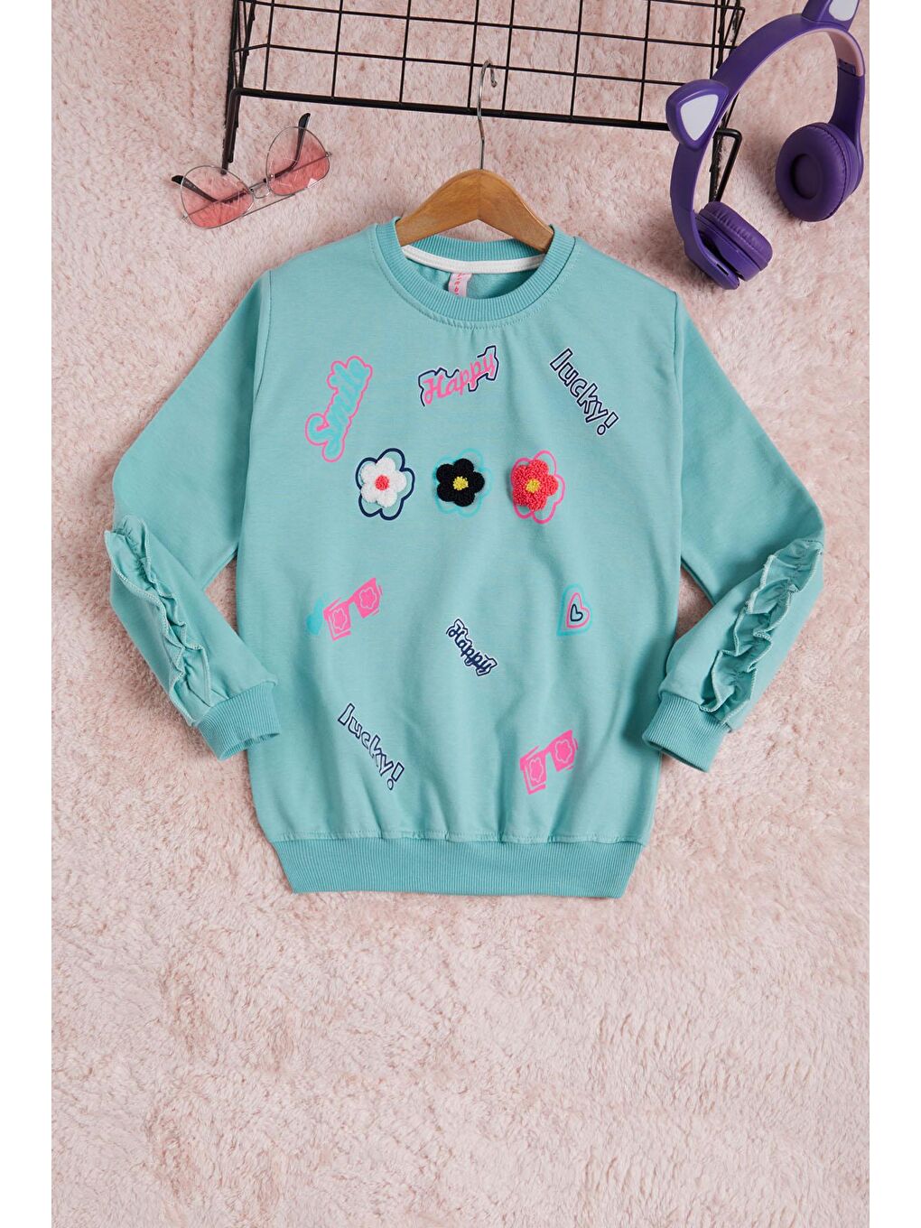 Pembe Life Kids Club Yeşil Mint Çiçek Nakışlı Uzun Kol Kız Çocuk Sweatshirt 16306