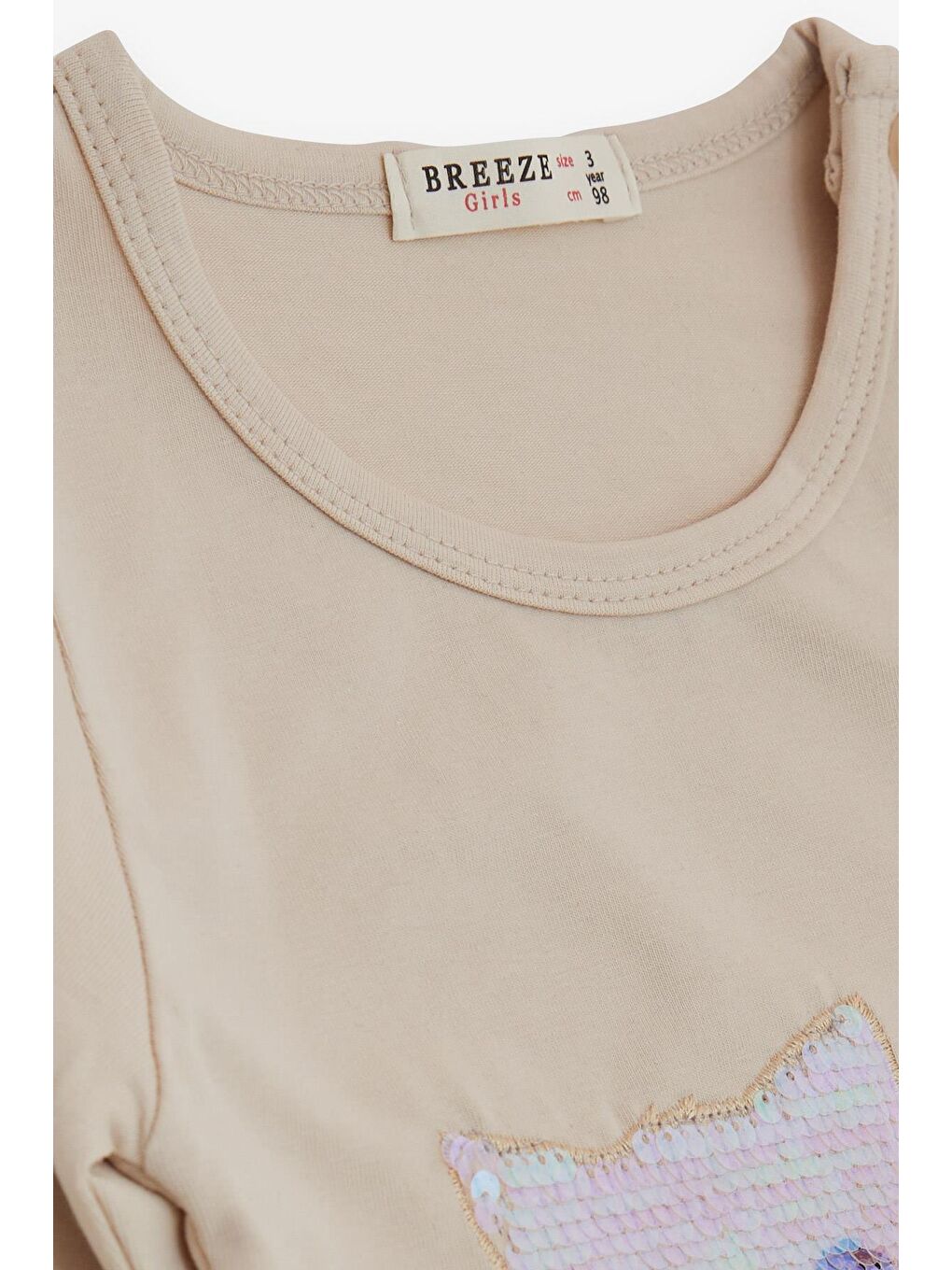 Kız Çocuk Taytlı Takım Pullu Kedicik Baskılı Nakışlı Bej (1.5-5 Yaş)-4