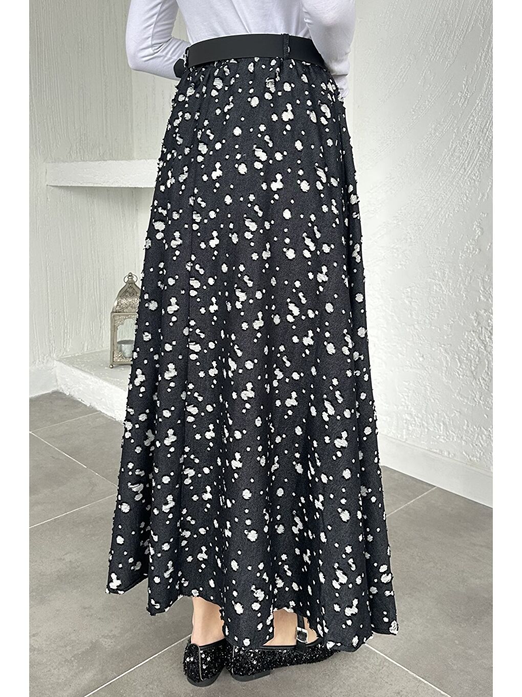 Siyah Gülseli Bel Lastikli Astarlı Tesettür Jean Etek-7