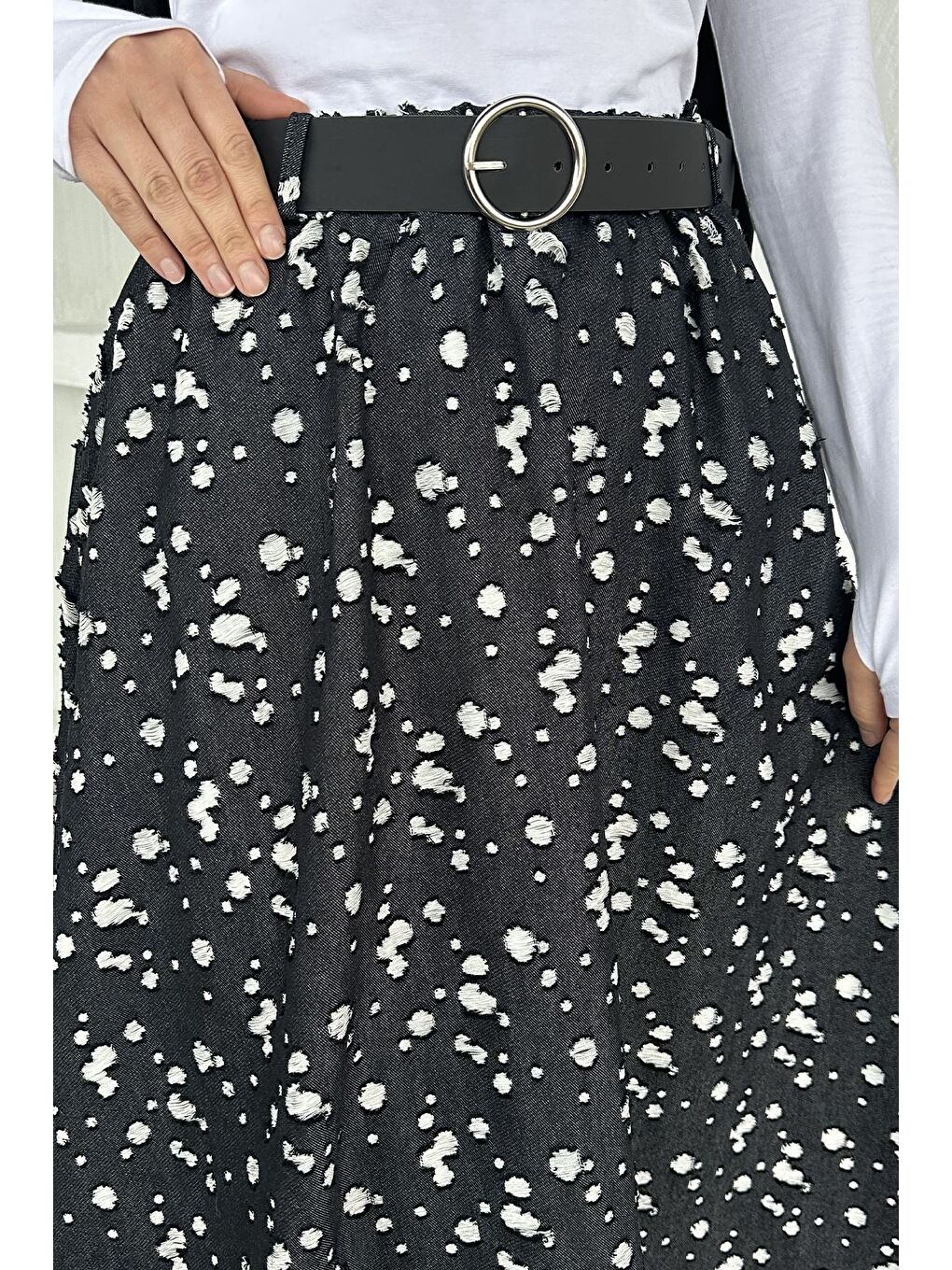 Siyah Gülseli Bel Lastikli Astarlı Tesettür Jean Etek-8