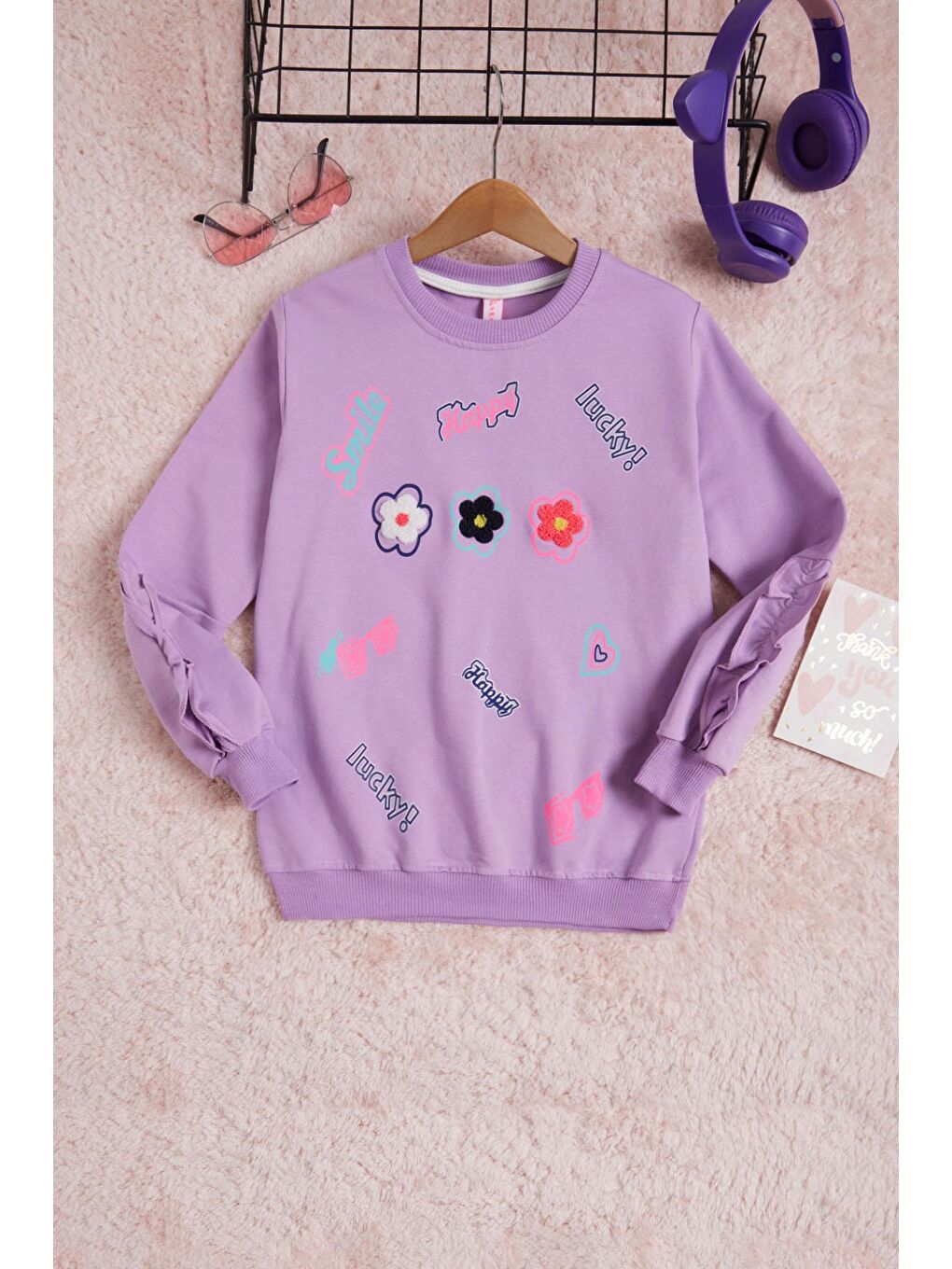 Lila Çiçek Nakışlı Uzun Kol Kız Çocuk Sweatshirt 16307