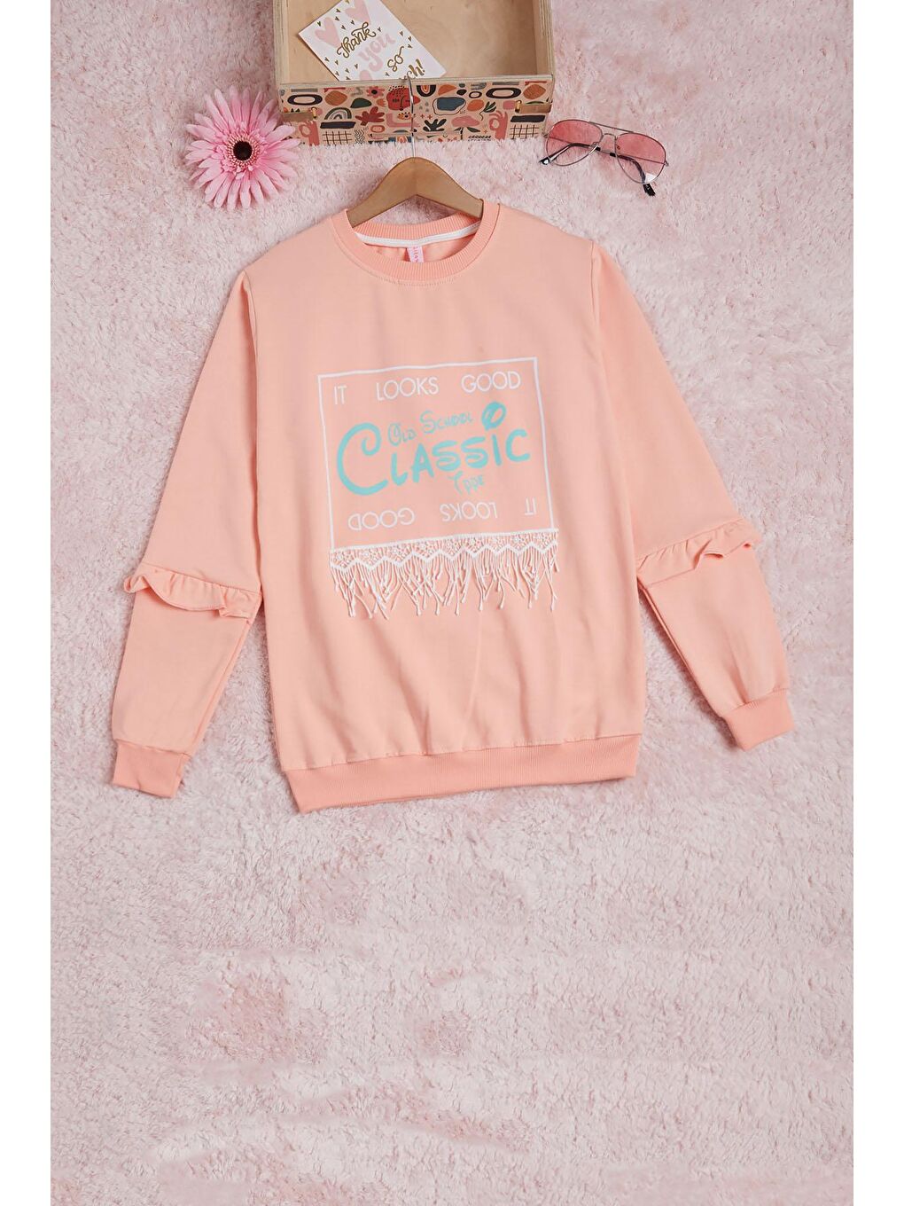 Pembe Somon Yazı Baskılı Püsküllü Kız Çocuk Sweatshirt 16308