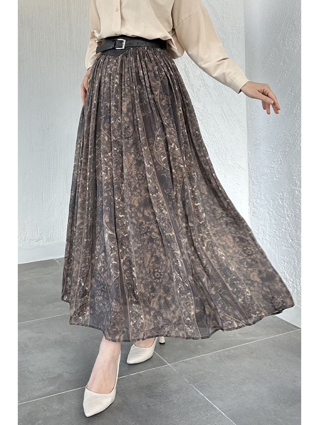 Kahverengi Perry Bel Lastikli Piliseli Desenli Tesettür Etek-1