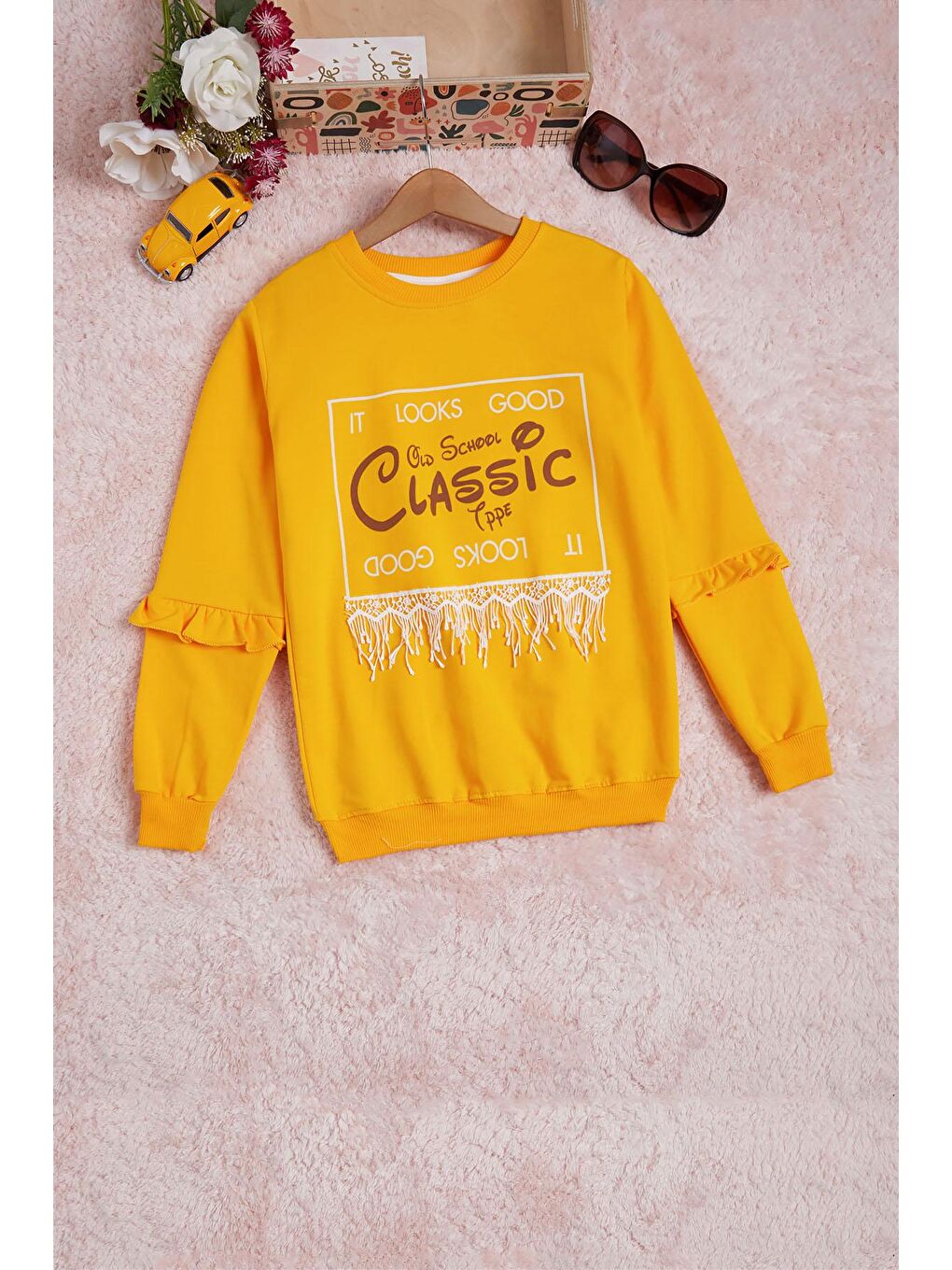 Sarı Hardal Yazı Baskılı Püsküllü Kız Çocuk Sweatshirt 16309