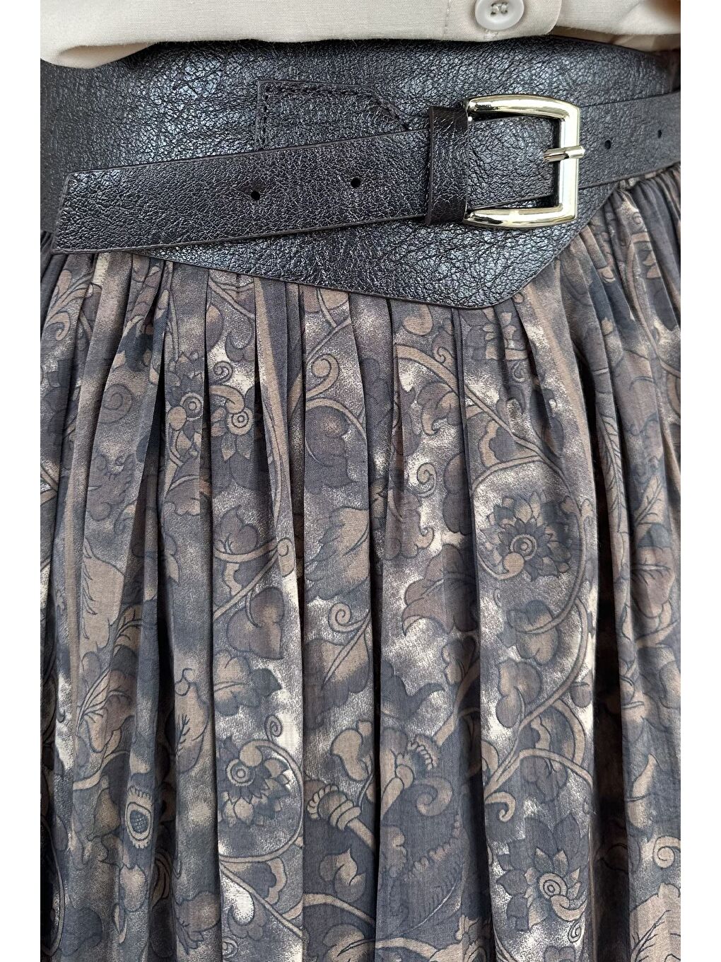 Kahverengi Perry Bel Lastikli Piliseli Desenli Tesettür Etek-3