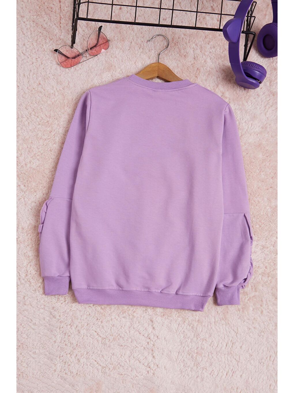 Lila Çiçek Nakışlı Uzun Kol Kız Çocuk Sweatshirt 16307-3