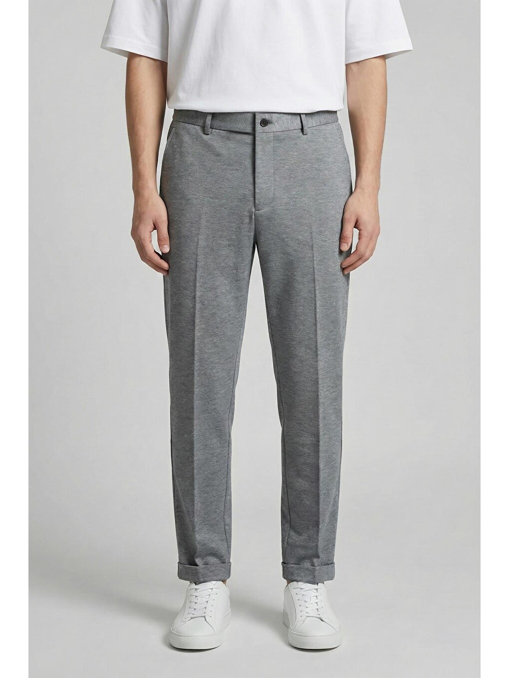 Giotelli Erkek Gri Dar Kesim Slim Fit Viskon Kemerli Bel Duble Paça 6 Drop Pantolon