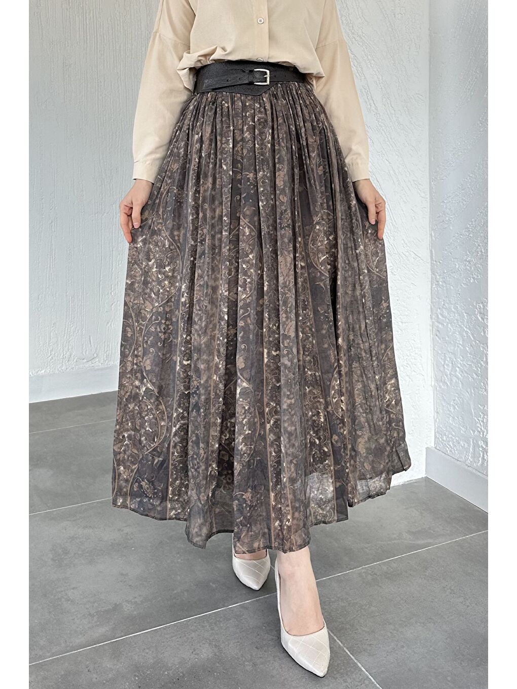 Kahverengi Perry Bel Lastikli Piliseli Desenli Tesettür Etek-7