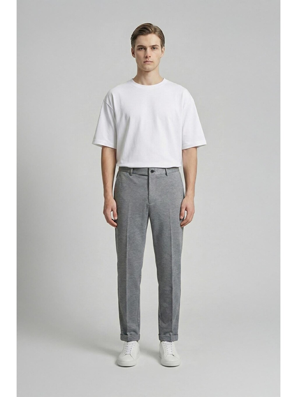 Giotelli Erkek Gri Dar Kesim Slim Fit Viskon Kemerli Bel Duble Paça 6 Drop Pantolon-2