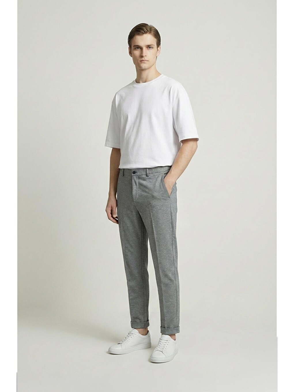 Giotelli Erkek Gri Dar Kesim Slim Fit Viskon Kemerli Bel Duble Paça 6 Drop Pantolon-3