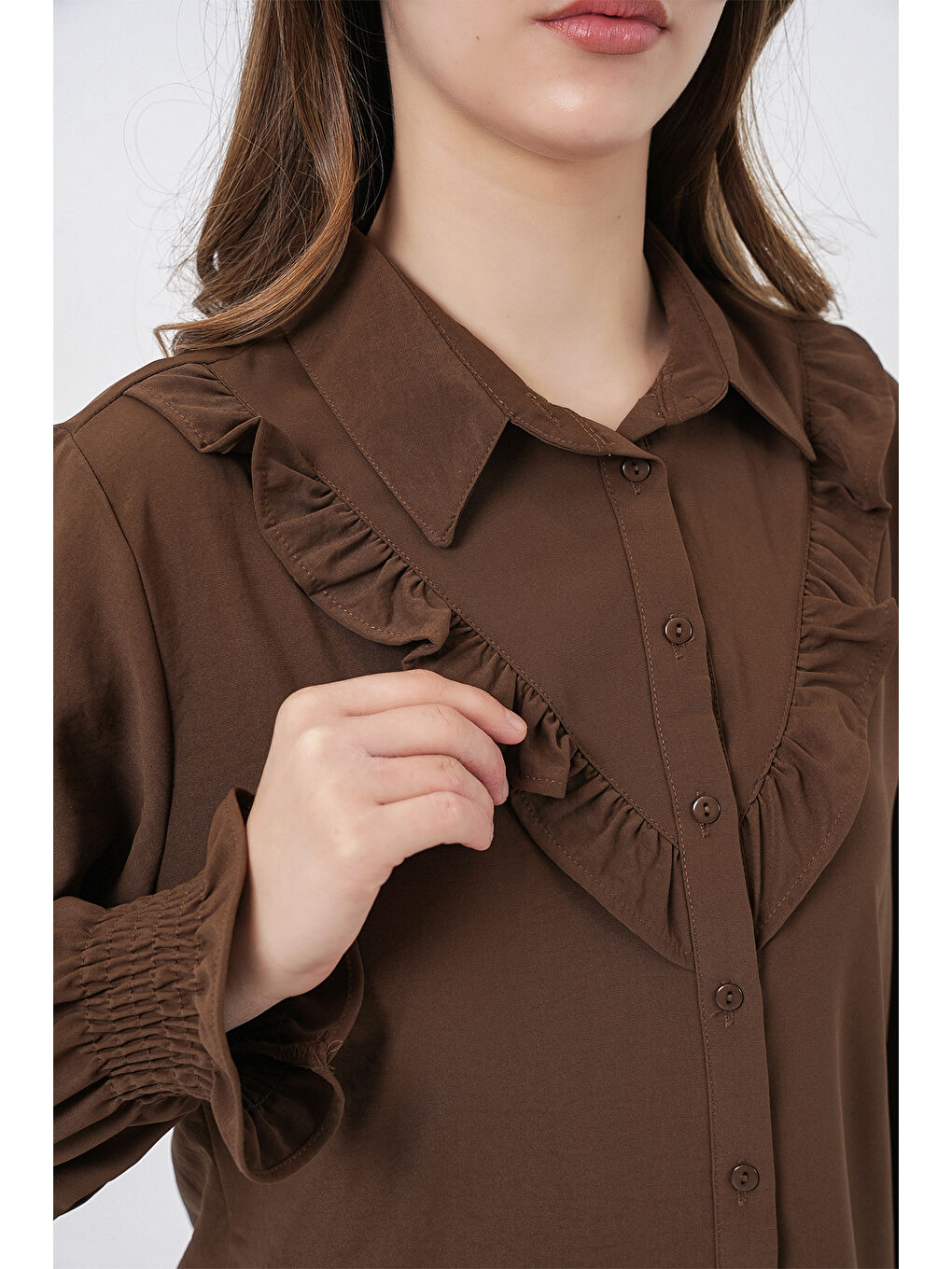 20223 Fırfırlı Uzun Kol Gömlek - Kahverengi-4