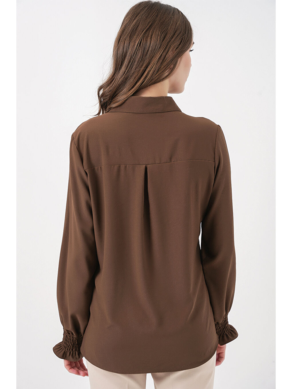 20223 Fırfırlı Uzun Kol Gömlek - Kahverengi-5