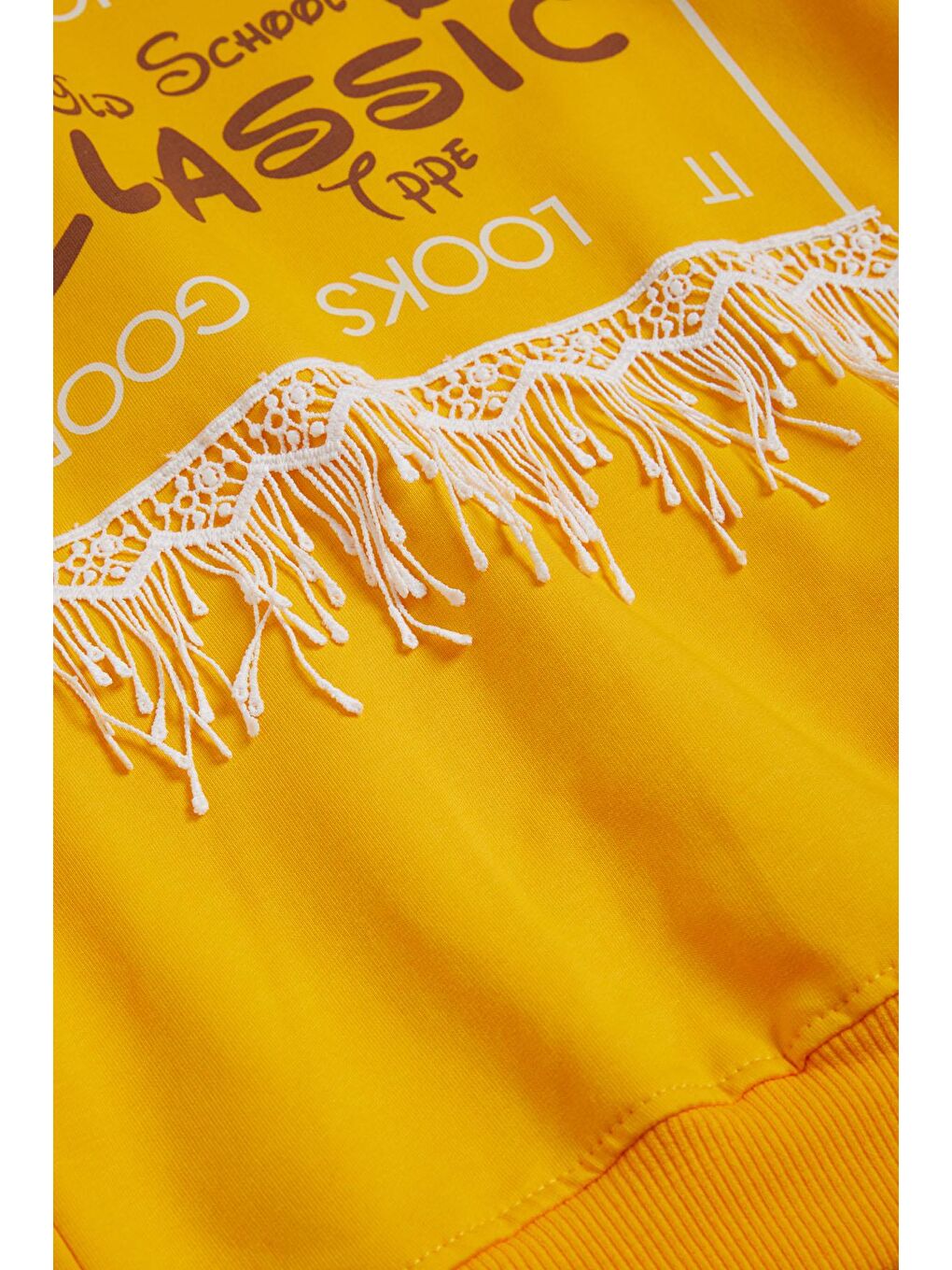 Sarı Hardal Yazı Baskılı Püsküllü Kız Çocuk Sweatshirt 16309-2