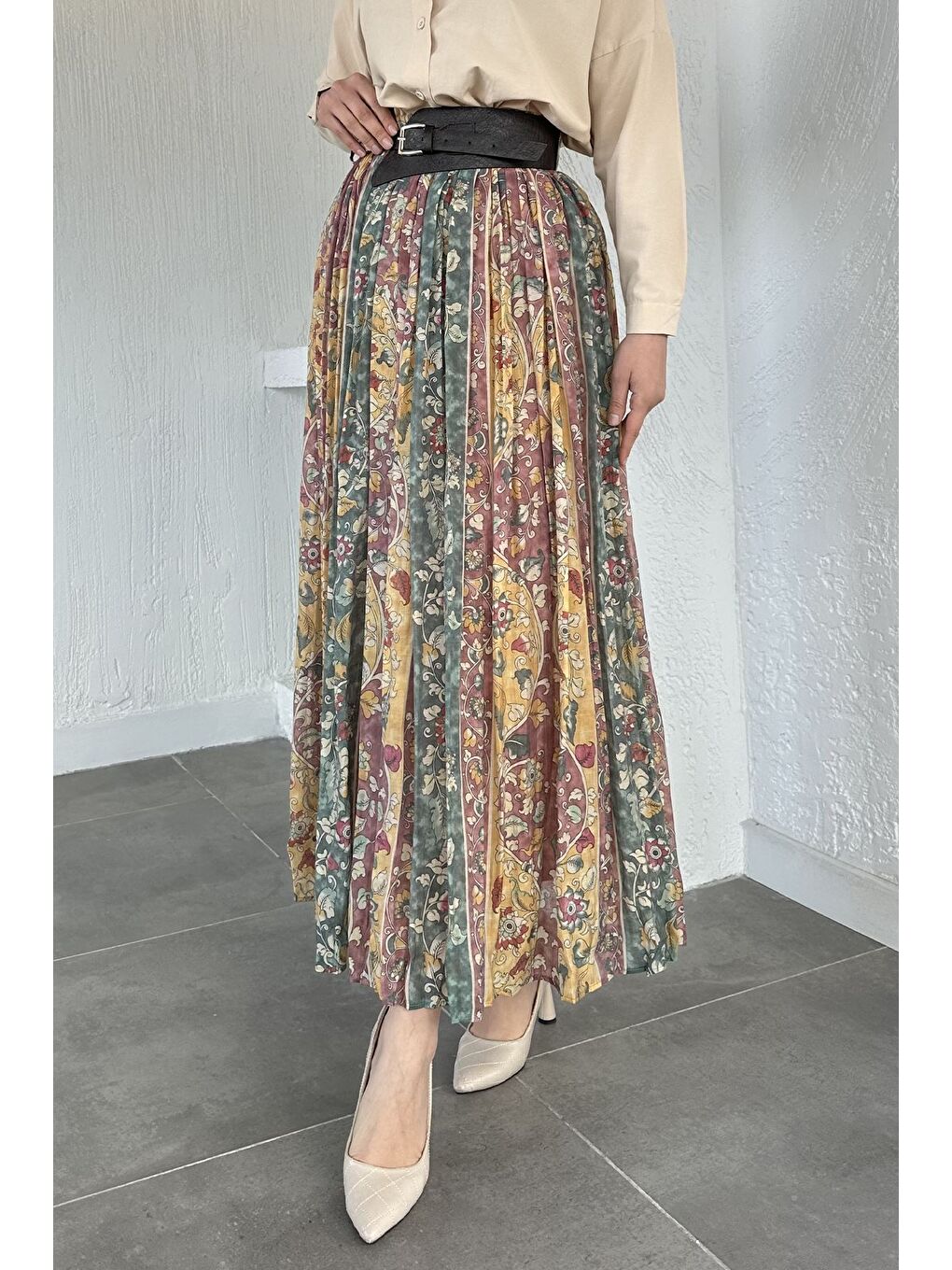 Karışık Perry Bel Lastikli Piliseli Desenli Tesettür Etek-3