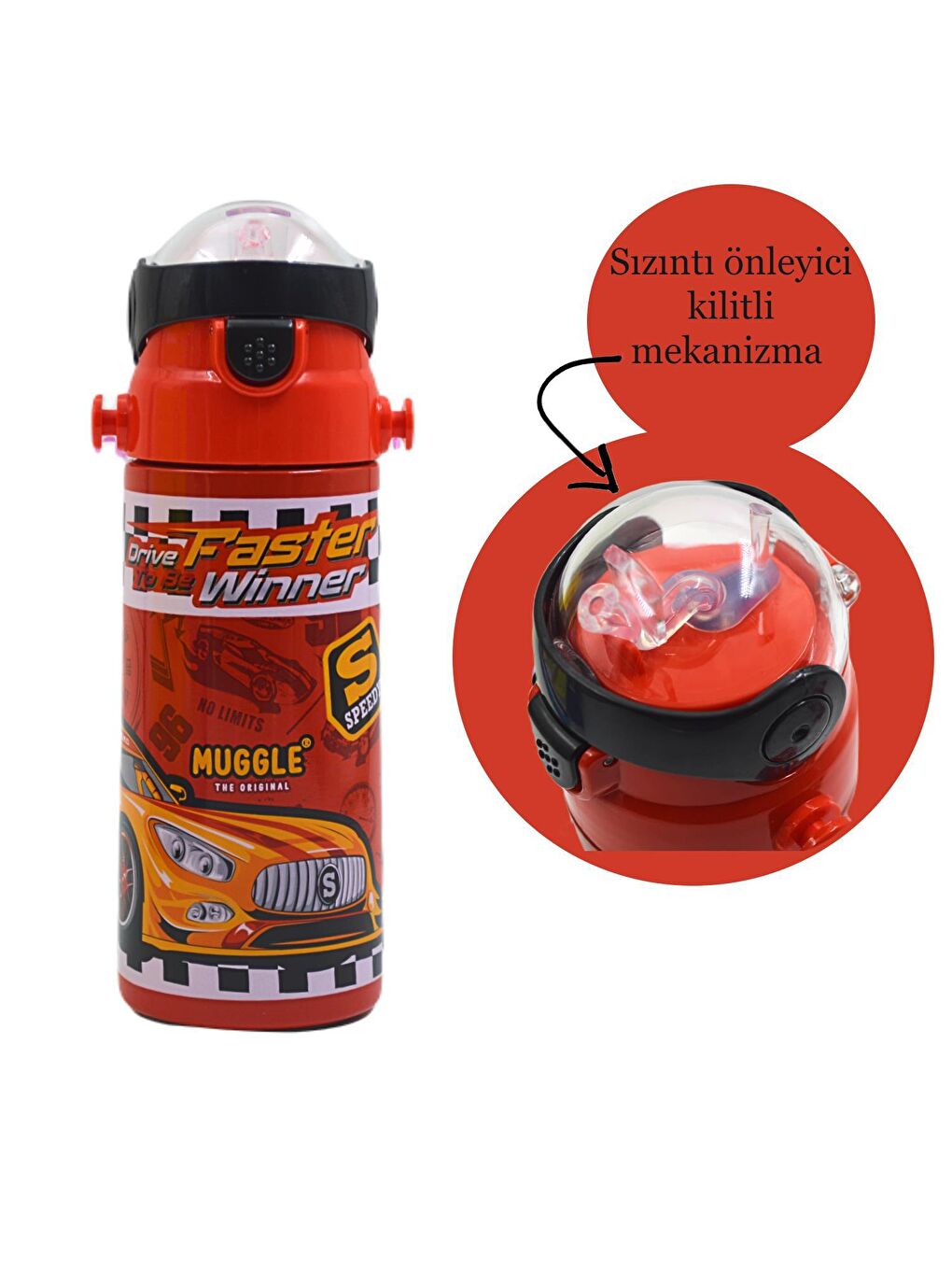 Muggle Kırmızı Pipetli Çelik Matara MT-2635 Araba Desenli Kırmızı 550 Ml