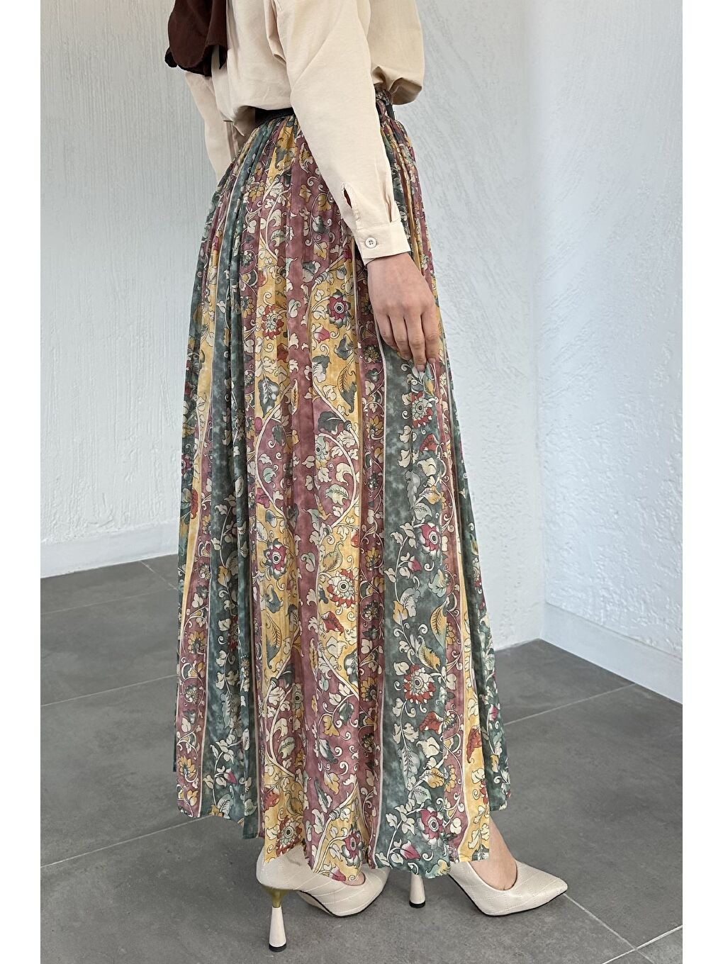 Karışık Perry Bel Lastikli Piliseli Desenli Tesettür Etek-4