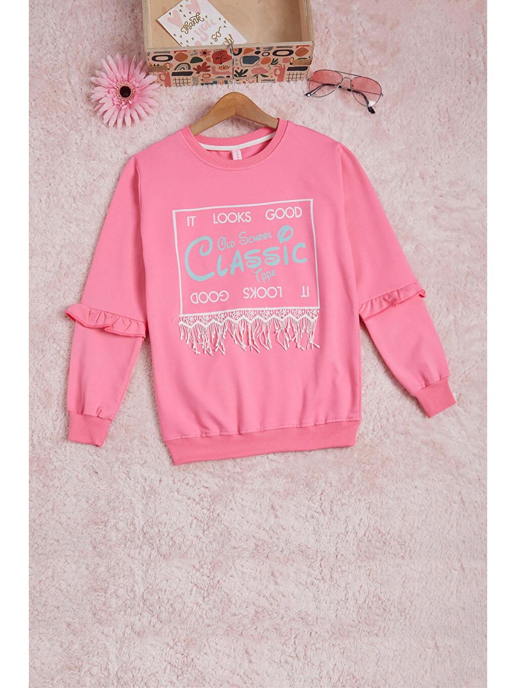 Pembe Yazı Baskılı Püsküllü Kız Çocuk Sweatshirt 16311