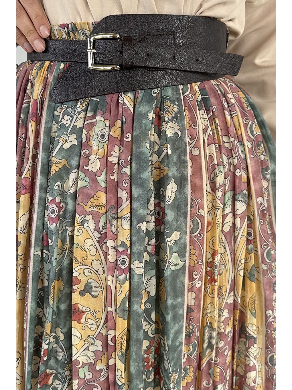 Karışık Perry Bel Lastikli Piliseli Desenli Tesettür Etek-6