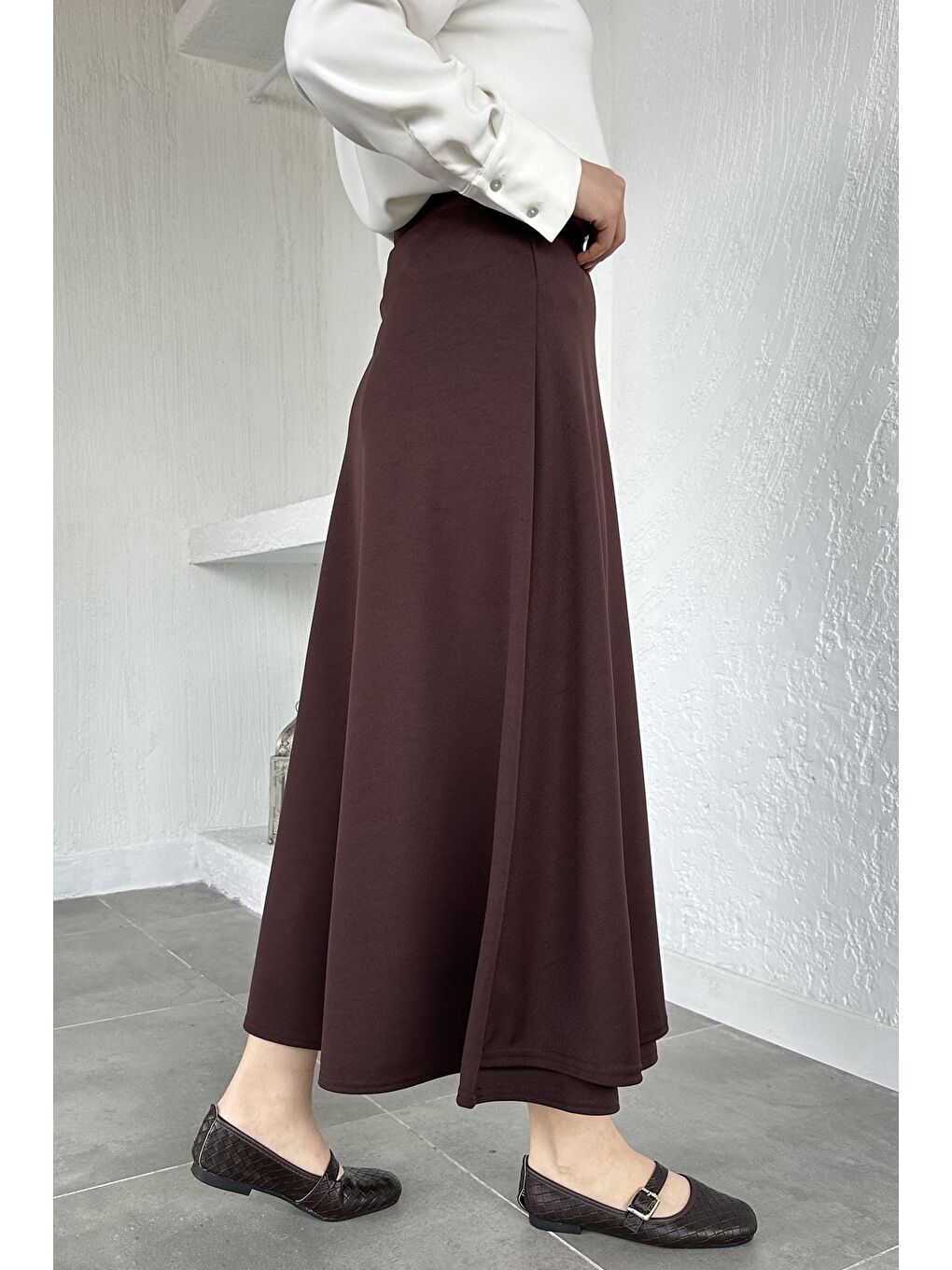 Kahverengi Yandan Bağlamalı Tesettür Etek-4