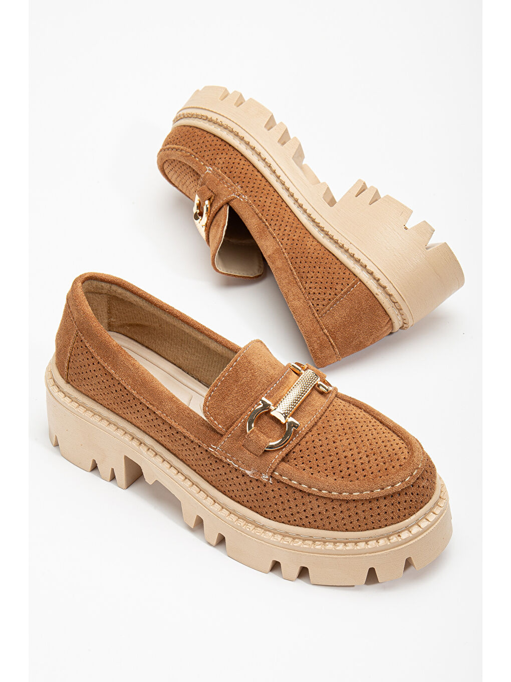 Kahverengi Kadın Taba Süet Rahat Kalıp Önü Tokalı Kalın Taban Loafer-3