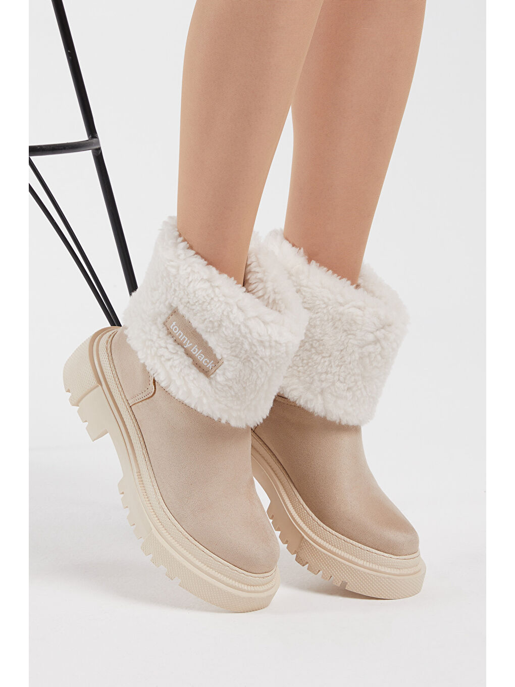 Ekru Kadın Krem Süet Yünlü Rahat Kalıp Bot-3