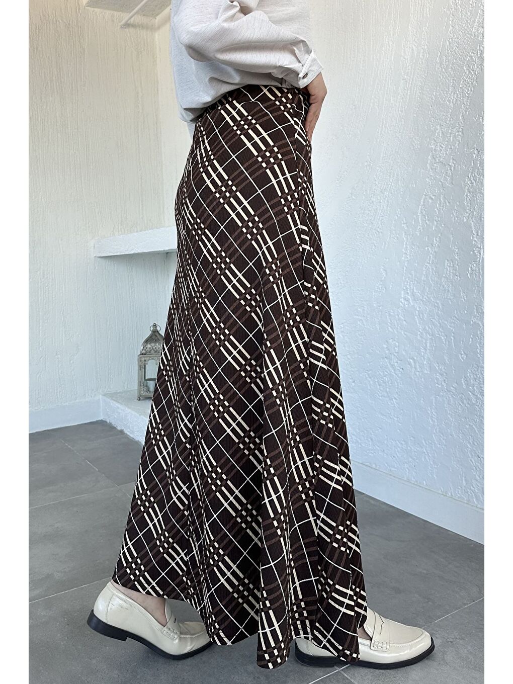 Kahverengi Bel Lastikli Ekose Desenli Tesettür Kiloş Etek-6