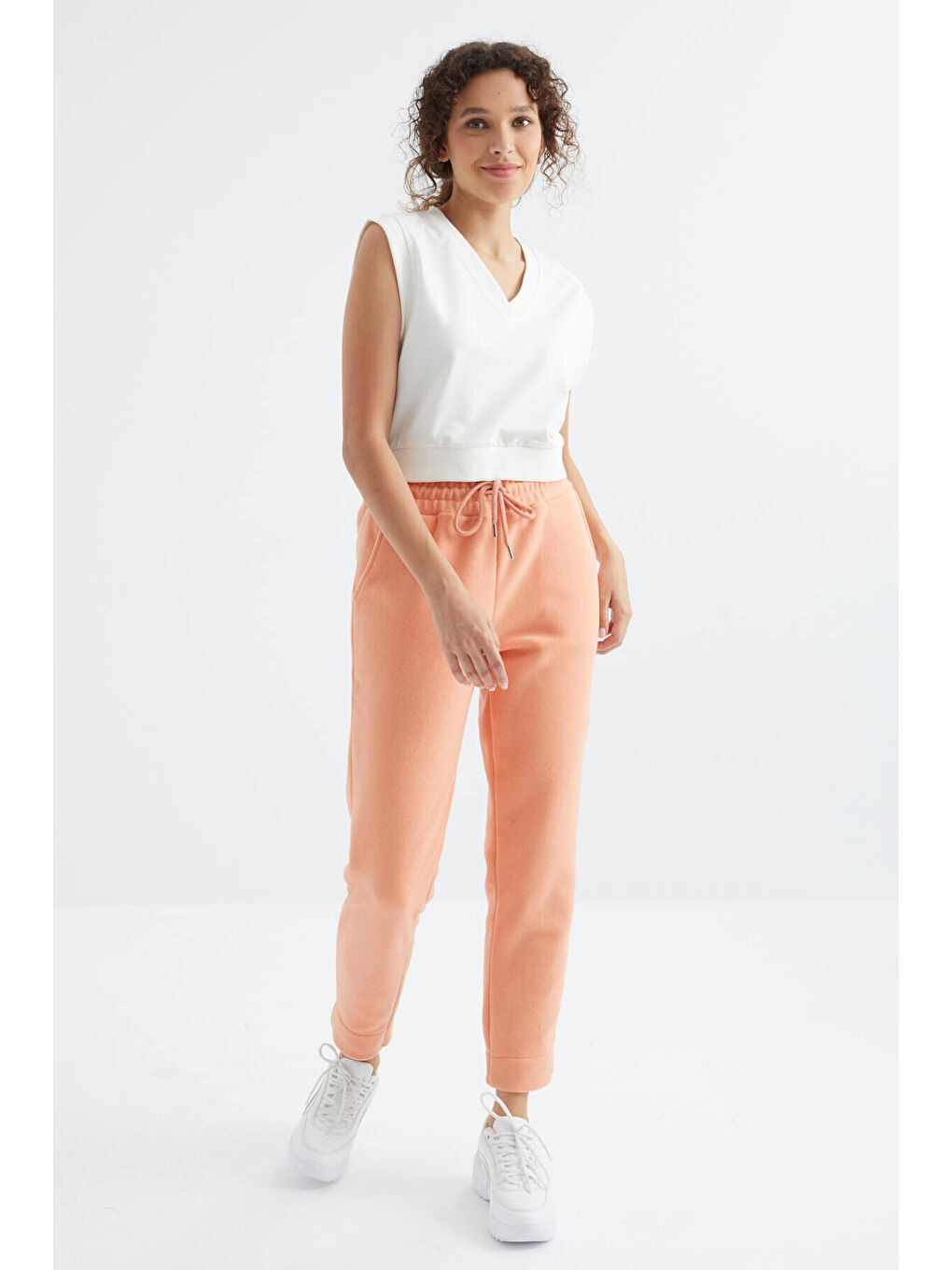 Turuncu Kavun Içi Yüksel Bel Rahat Form Geniş Paça Cepli Kadın Polar Eşofman Alt - 94623