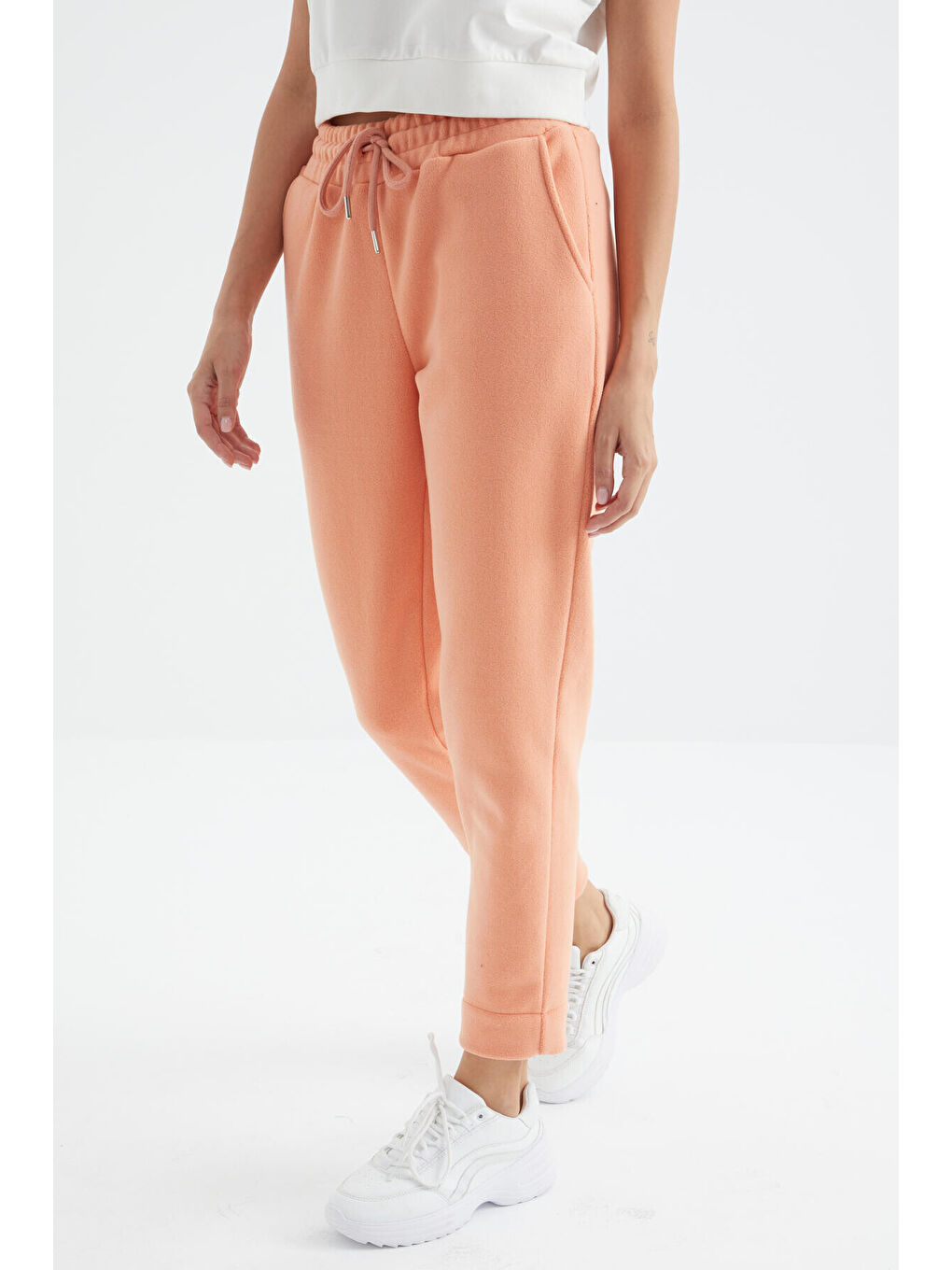 Turuncu Kavun Içi Yüksel Bel Rahat Form Geniş Paça Cepli Kadın Polar Eşofman Alt - 94623-1