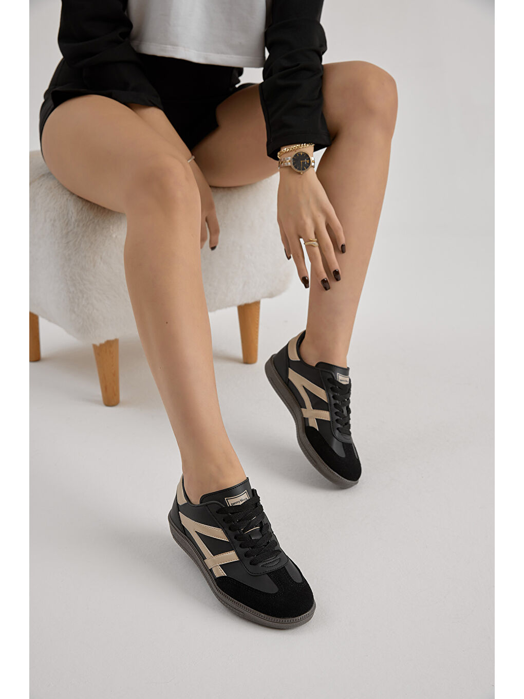 Unisex Siyah Bej Termo Taban Yanı Şeritli Bağcıklı Spor Ayakkabı-2