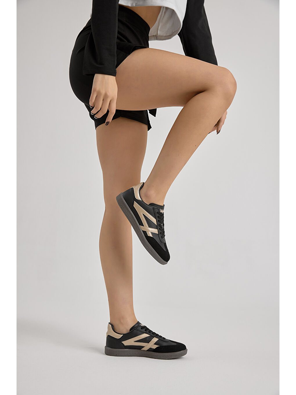 Unisex Siyah Bej Termo Taban Yanı Şeritli Bağcıklı Spor Ayakkabı-3