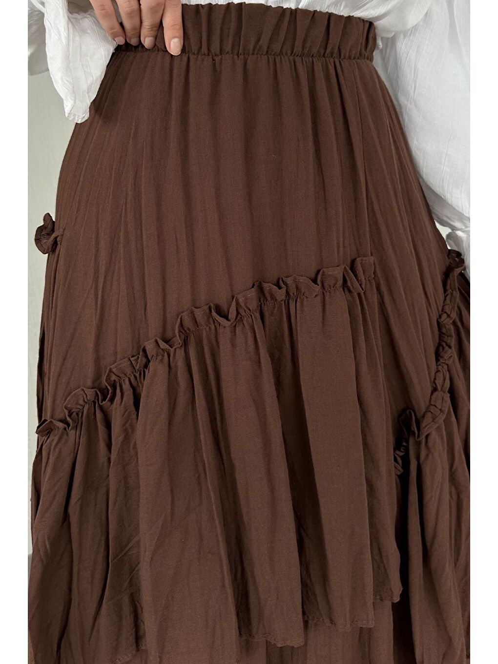 Kahverengi Bel Lastikli İç Astarlı Vual Tesettür Etek-1